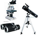 Image of 3-PC Observe the World Science Gift Package - Bushnell 8x32 Hemisphere Roof Prism Fully Coated Binoculars 160833, Konus Campus 1000x Campus Biological Microscope 5326, Bushnell 3" Telescope 789669