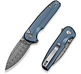 Image of CIVIVI Mini Shakan Flipper &amp; Thumb Stud &amp; Button Lock Knife Ripple Patterned Blue Aluminum Handle 2.48inch Damascus Blade