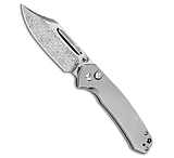 Image of CJRB Cutlery Pyrite Bowie Button Lock Knife Gray Titanium 3.1 Damascus CAE89B12