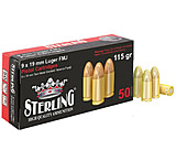 Image of Sterling 9mm Luger 115 Grain Full Metal Jacket FMJ Brass Cased Pistol Ammunition
