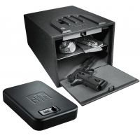 GunVault 10.1x7.9x14in Bio Vault Biometric Pistol Safe and Nanovault 9.5x6.5x1.75in Portable Handgun Safe