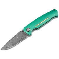 Boker 111102DAM 3.22" Drop Point Plain Damascus Blade Green Aluminum Handle
