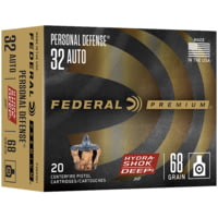 Federal Premium Personal Defense 32 Auto 68 Grain Hydra-Shok Deep Jacketed Hollow Point Brass Cased Pistol Ammunition
