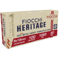 Fiocchi Heritage 9x18 Ultra 100 Grain FMJ Brass Pistol Ammunition