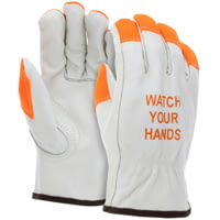 MCR Safety Leather Drivers Work Gloves, CV Grade Cow Grain Leather, Watch Your Hands Logo with Fingertips
