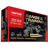Norma Range &amp; Training .300 Blackout 147 Grain FMJ Brass Cased Rifle Ammunition