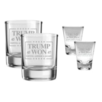 Old Southern Brass TRUMP WON 4 Piece Glass Set, 2 Whiskey Glasses &amp; 2 Shot Glasses Collectible Set