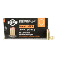 PPU Defense 9mm Luger 147 Grain Jacketed Hollow Point Brass Cased Pistol Ammunition