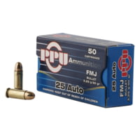 PPU Handgun .25 ACP 50 Grain Full Metal Jacket Brass Cased Pistol Ammunition
