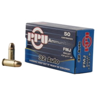 PPU Handgun .32 ACP 71 Grain Full Metal Jacket Brass Cased Pistol Ammunition
