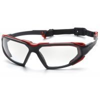 Pyramex Highlander Safety Glasses - Clear Anti-Fog Lens, Black-Red Frame