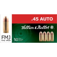 Sellier &amp; Bellot 45 Auto 230 Grain Full Metal Jacket Brass Cased Pistol Ammunition