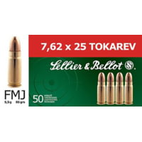 Sellier &amp; Bellot 7.62x25 Tokarev 85 Grain Full Metal Jacket Brass Cased Pistol Ammunition