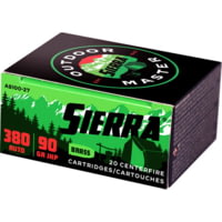 Sierra Bullets Sierra Ammo Outdoor Master .380 ACP 90 Grain Jacketed Hollow Point Brass Cased Centerfire Pistol Ammunition