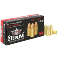 Sterling 9mm Luger 115 Grain Full Metal Jacket FMJ Brass Cased Pistol Ammunition
