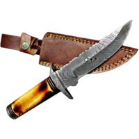 Titan International Knives Damascus Knife / Titan / Camp / Hunting Knife w/ Burnt Bone Handle
