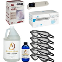 OpticsPlanet PPE Kit (50 3Ply Masks + 40 KN95 Masks + 1gal Hand Sanitizer + 8oz Hand Sanitizer + Infrared Body Thermometer + 5 IDC Goggles) for Pandemic Flu Preparedness
