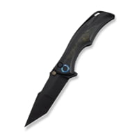 We Knife Co Ltd Tighe Down Flipper &amp; Thumb Stud &amp; Button Lock Knife Black Titanium Integral Handle With Black &amp; Yellow Carbon Fiber Inlay 4inch Black Stonewashed Bohler M390 Blade, Tanto