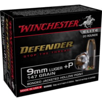 Winchester Defender 9 mm Luger +P 147 Grain Bonded Jacketed Hollow Point Centerfire Pistol Ammunition
