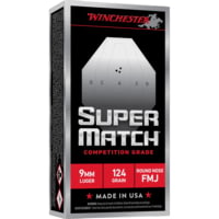 Winchester Super Match 9mm Luger 124 Grain Full Metal Jacket Round Nose Brass Cased Pistol Ammunition