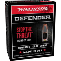 Winchester Defender Handgun 9 mm Luger 147 grain Bonded Jacketed Hollow Point Brass Cased Centerfire Pistol Ammunition