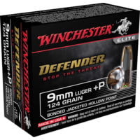 Winchester Defender Handgun 9 mm Luger +P 124 grain Bonded Jacketed Hollow Point Brass Cased Centerfire Pistol Ammunition