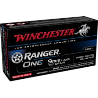 Winchester Ranger ONE 9mm Luger 147 Grain Hex-Vent Bonded JHP Law Enforcement Nickel Plated Brass Cased Pistol Ammunition