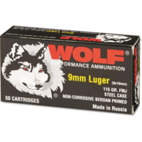 Wolf Ammo 9mm Luger 115 grain Full Metal Jacket Steel Casing Pistol Ammunition