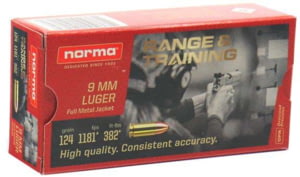 Norma Range Training FMJ 9mm Luger 124 grain Full Metal Jacket Brass Cased Centerfire Pistol Ammo, 50 Rounds