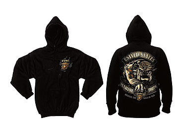 Image of Black Ink U.S.M.C. Bulldog Hooded Pullover Sweatshirt, Mens, Black, Small, 80333-017