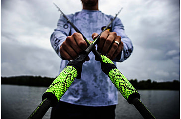 Image of Lew’s MACH 2 Spinning Rod, 6ft 6in 2-PC IM8 Graphite Rod, Medium  w/ Fast, Stainless Steel Guides, Split-Grip Handle, Winn Dri-Tac Ultra Grips, Green/Black, M266MSG2-2