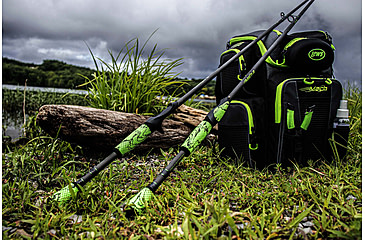 Image of Lew’s MACH 2 Spinning Rod, 6ft 6in 2-PC IM8 Graphite Rod, Medium  w/ Fast, Stainless Steel Guides, Split-Grip Handle, Winn Dri-Tac Ultra Grips, Green/Black, M266MSG2-2