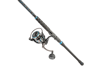 Image of Quantum Benchmark Spinning Reel and Rod Combo, 9ft, 2-PC, Med-Heavy, Moderate-Fast Rod, Graphite Composite Blank, SZ 6000 Reel, 5+1 Bearings, 5.6-1 Ratio, Silver/Blue, BK6000902MH1530.P2