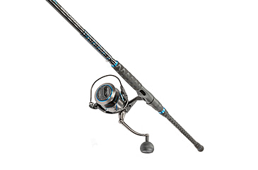 Image of Quantum Benchmark Spinning Reel and Rod Combo, 10ft, 2-PC, Heavy, Moderate-Fast Rod, Graphite Composite Blank, SZ 8000 Reel, 5+1 Bearings, 4.7-1 Ratio, Silver/Blue, BK8000102H2040.P2