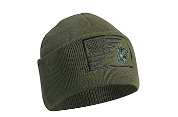 Image of Rothco USMC Eagle Globe and Anchor/US Flag Deluxe Fine Knit Watch Cap, Olive Drab, 54980-OliveDrab