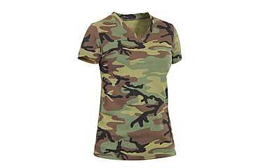Image of Rothco Womens Long Length Camo V-Neck T-Shirt, Woodland Camo, Extra Small, 5653-WoodlandCamo-XS