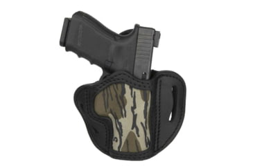 Image of 1791 Gunleather Mossy Oak Bottomland Camo Nylon, Optic Ready, Open Top Belt Holster, Size 2.1, RH, Stealth Black/Bottomland Camo, Stealth Black/Bottomland Camo, 2.1, MOBH-2.1-SBL-R
