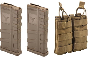 Image of 2 TRYBE Defense AR-15 Extended Grasp 10-Round Magazine and 1 TRYBE Defense Double 5.56 Magazine Pouch, FDE/Coyote Tan