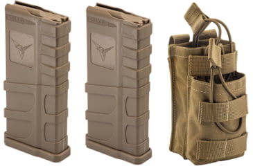 Image of 2 TRYBE Defense AR-15 Extended Grasp 10-Round Magazine and 1 TRYBE Defense Paired 5.56 Magazine Pouch, FDE/Coyote Tan