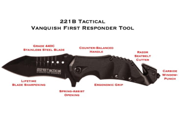 Image of 221B Tactical Vanquish First Responder RFX Tool - Assisted Opening Folding Knife, 440C Stainless Steel Blade, Black, VNQ-FRX-OS-BLK