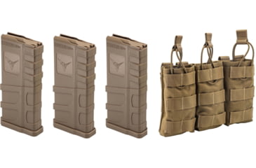 Image of 3 TRYBE Defense AR-15 Extended Grasp 10-Round Magazine and 1 TRYBE Defense Triple 5.56 Magazine Pouch, FDE/Coyote Tan