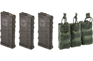 Image of 3 TRYBE Defense AR-15 Extended Grasp 10-Round Magazine and 1 TRYBE Defense Triple 5.56 Magazine Pouch, Olive Drab Green