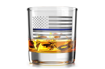 Image of Old Southern Brass Thin Blue Line American Flag Whiskey Glass, Clear, 10 oz, OSB-WG-TBL