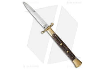 Image of A.G.A. Campolin 13 Swinguard Automatic Folding Knife, 5.75in, Stainless Steel, Bayonet Blade, Stag Horn, Brown Handle, Brass/Stag Horn, Brown/Steel, 13.00 inch, BHQ-50678