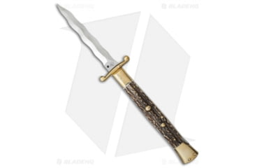 Image of A.G.A. Campolin 13 Swinguard Automatic Folding Knife, 6.00in, Stainless Steel, Kriss Blade, Stag Horn, Brown Handle, Brass/Stag Horn, Brown/Steel, 13.00 inch, BHQ-50742