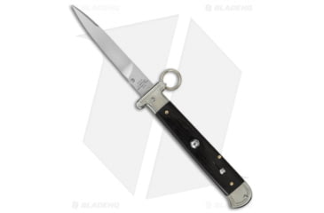 Image of A.G.A. Campolin 9 Francese Ring Pull Automatic Folding Knife, 3.75in, Stainless Steel, Dagger Blade, Wood, Black Handle, Black/Steel, 8.50 inch, BHQ-50749
