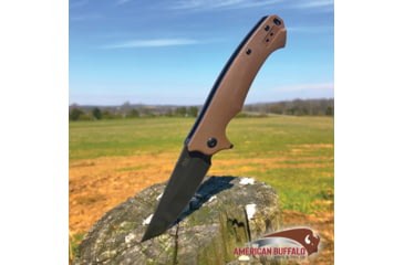 Image of ABKT Tac Night Stalker Linerlock, 4.5in Closed, 3.5in Black Stonewash D2 Tool Steel Blade, Tan G10 Handle, Pocket Clip, AB007T