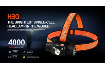 Image of Acebeam H30 1 x 21700 CREE XHP70.2 LED Rechargeable Headlamp, 4000 Lumens, Cool White/ Green/ Red, Black, H30 R+G -CW