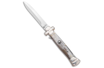 Image of Aga Campolin AGA Campolin 9&quot; Maltese Cross Stiletto Automatic Knife Horn 4&quot; Satin Bayo, Black/White, Stainless Steel, adult, BHQ-177244