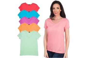 Image of Agiato Womens Short Sleeve Cotton V Neck T Shirt, 6pk Large, Hemlock, Radiant Orchid, Scuba Blue, Strawberry Ice, Tangerine, Tomato 6Pk.AG.TVCT.W.A.VrCo.000L